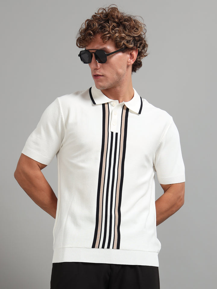 Men’s Knitted Polo T-Shirt with Contrast Vertical Stripes - Beige