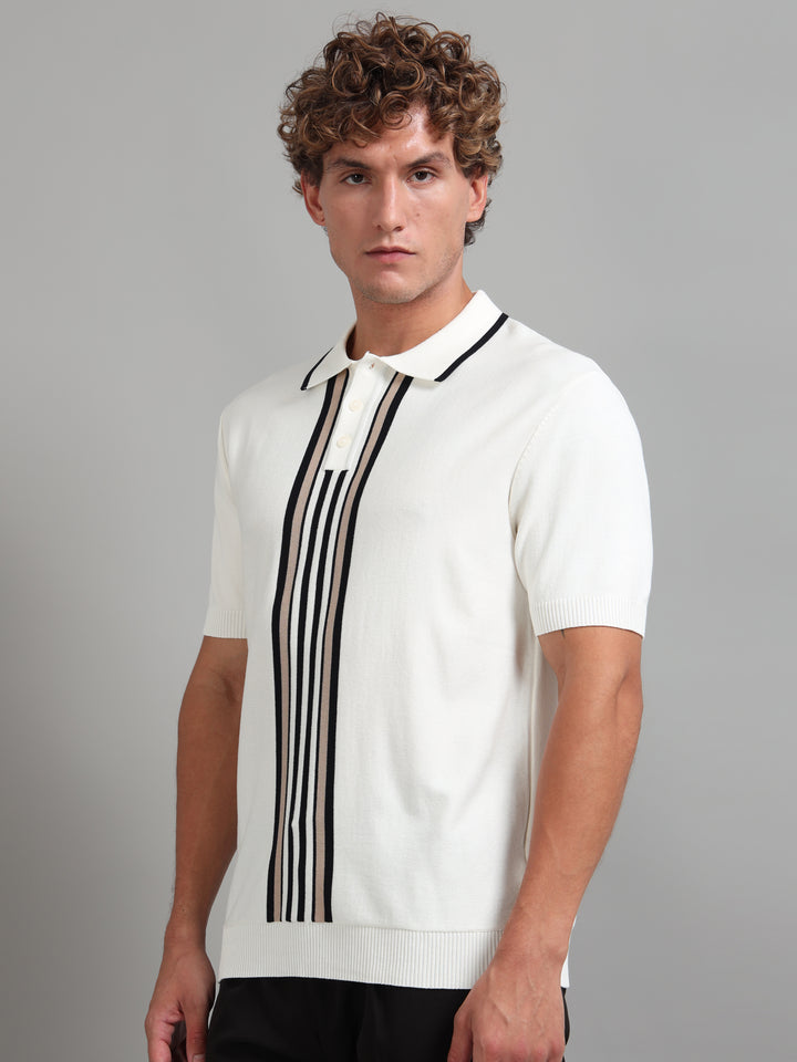 Men’s Knitted Polo T-Shirt with Contrast Vertical Stripes - Beige