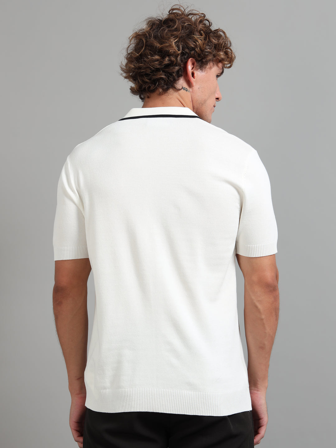 Men’s Knitted Polo T-Shirt with Contrast Vertical Stripes - Beige