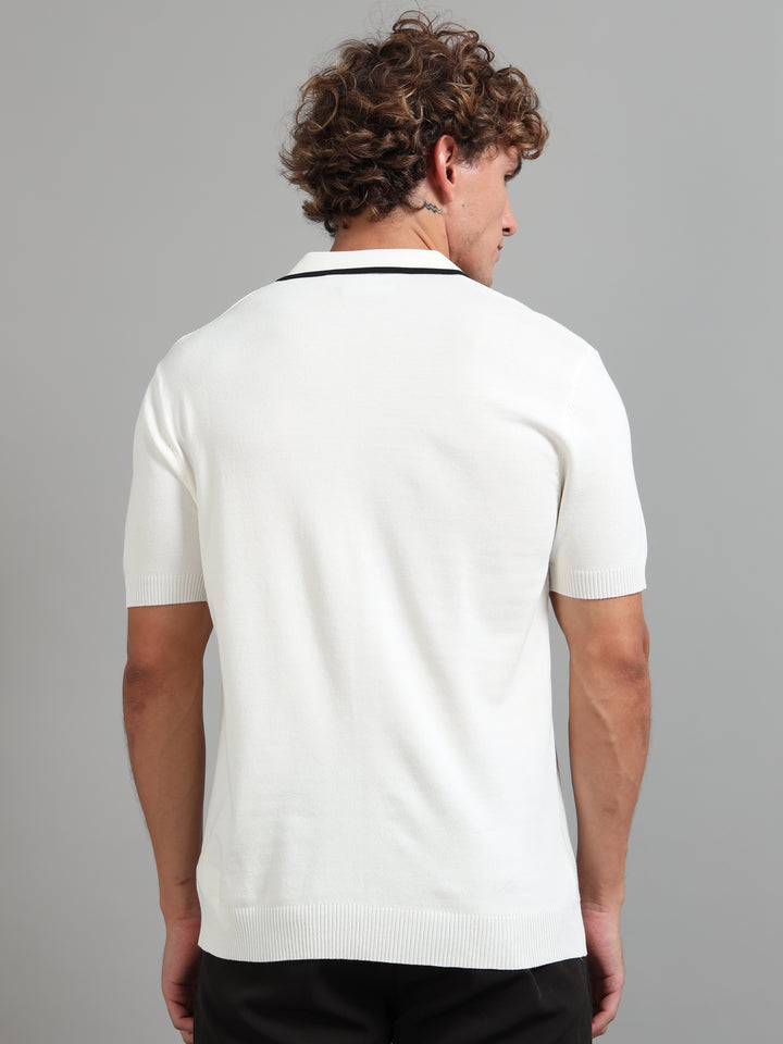 Men’s Knitted Polo T-Shirt with Contrast Vertical Stripes - Beige