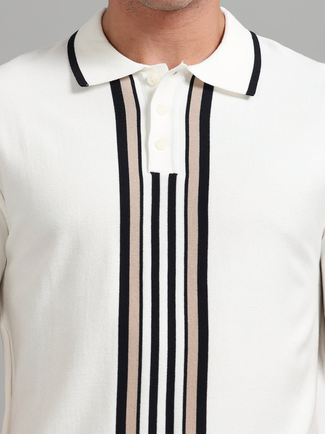 Men’s Knitted Polo T-Shirt with Contrast Vertical Stripes - Beige