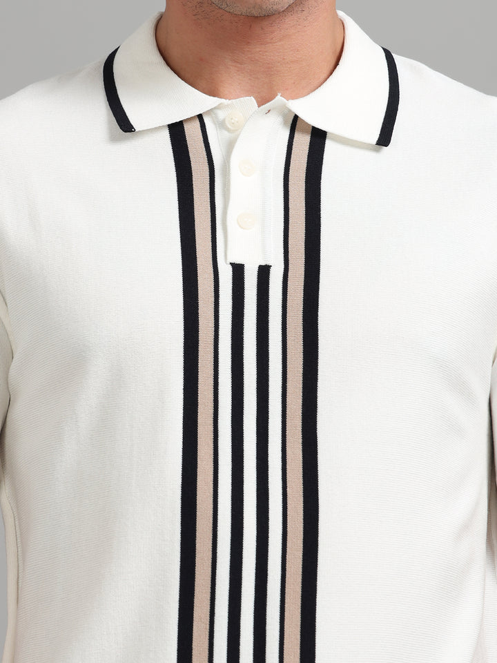 Men’s Knitted Polo T-Shirt with Contrast Vertical Stripes - Beige