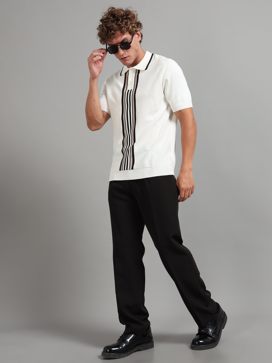 Men’s Knitted Polo T-Shirt with Contrast Vertical Stripes - Beige