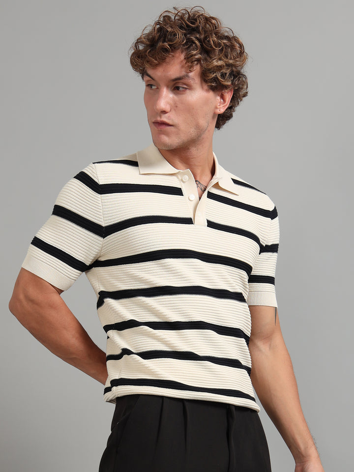 Men's Knitted Polo T Shirt - Black & Beige