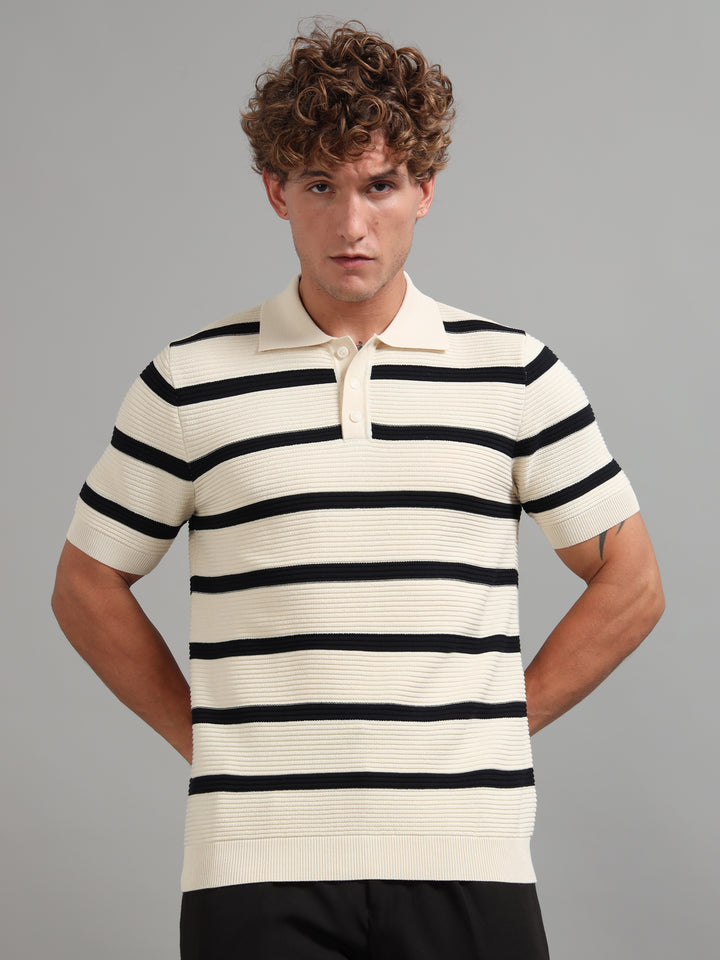 Men's Knitted Polo T Shirt - Black & Beige