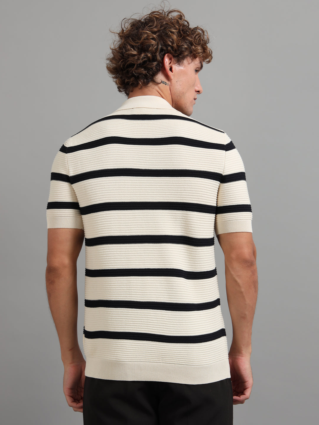 Men's Knitted Polo T Shirt - Black & Beige