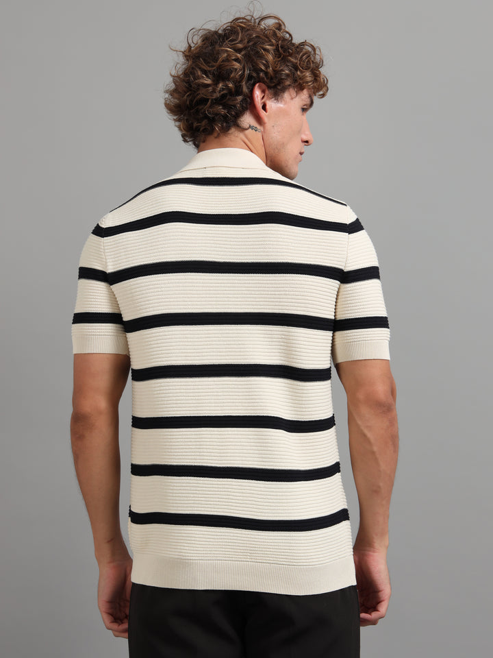 Men's Knitted Polo T Shirt - Black & Beige