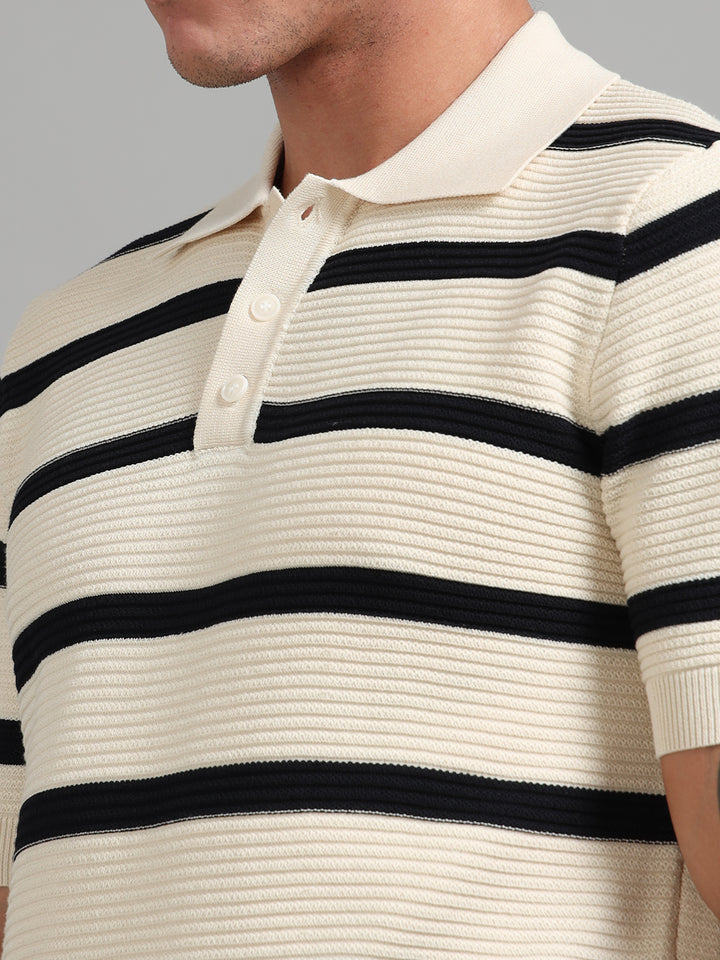 Men's Knitted Polo T Shirt - Black & Beige
