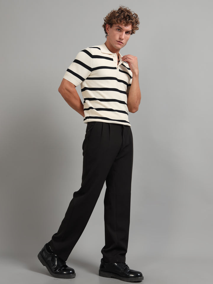 Men's Knitted Polo T Shirt - Black & Beige