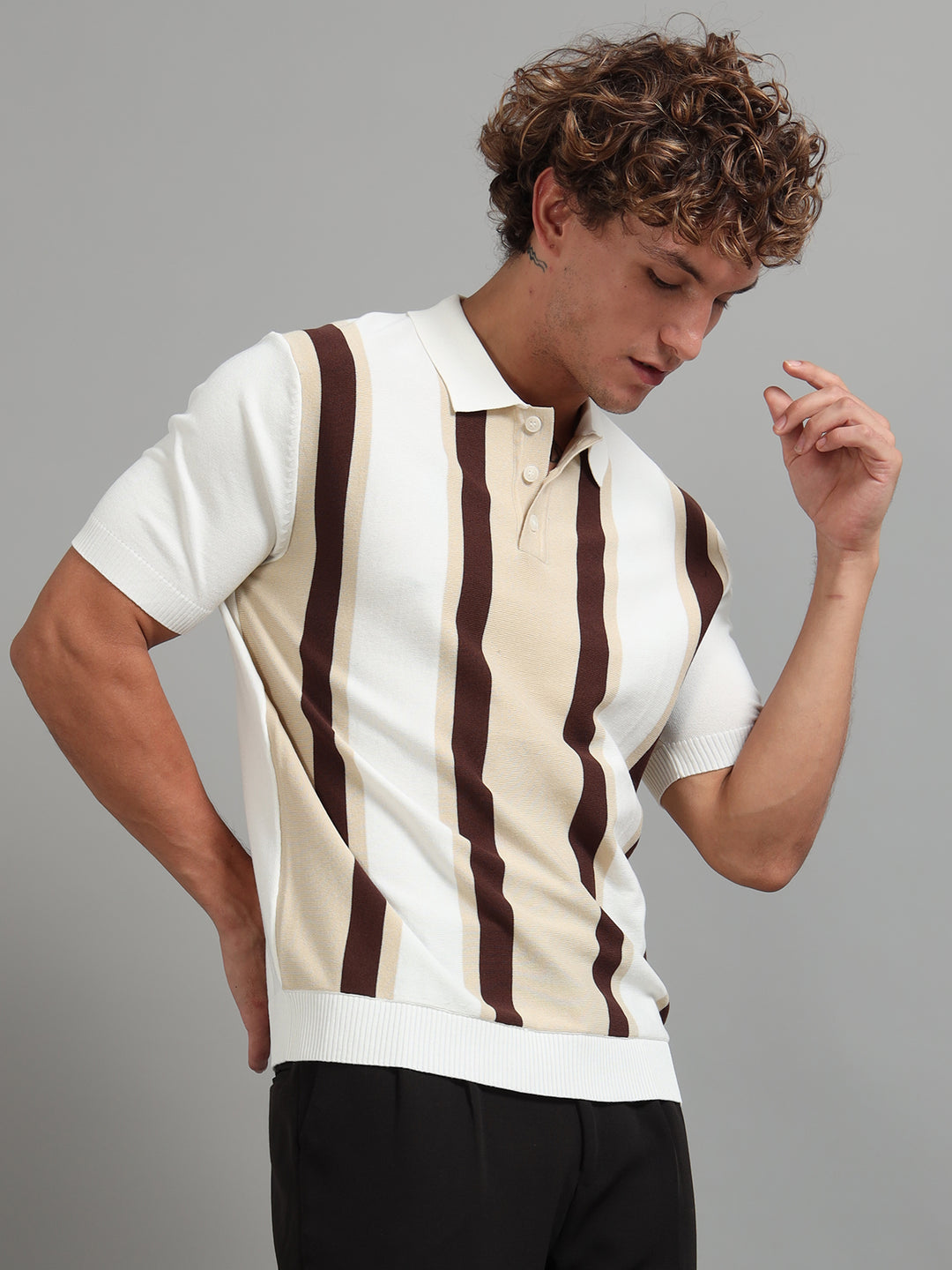 Knitted Polo T-Shirt with Wide Vertical Stripes -Beige