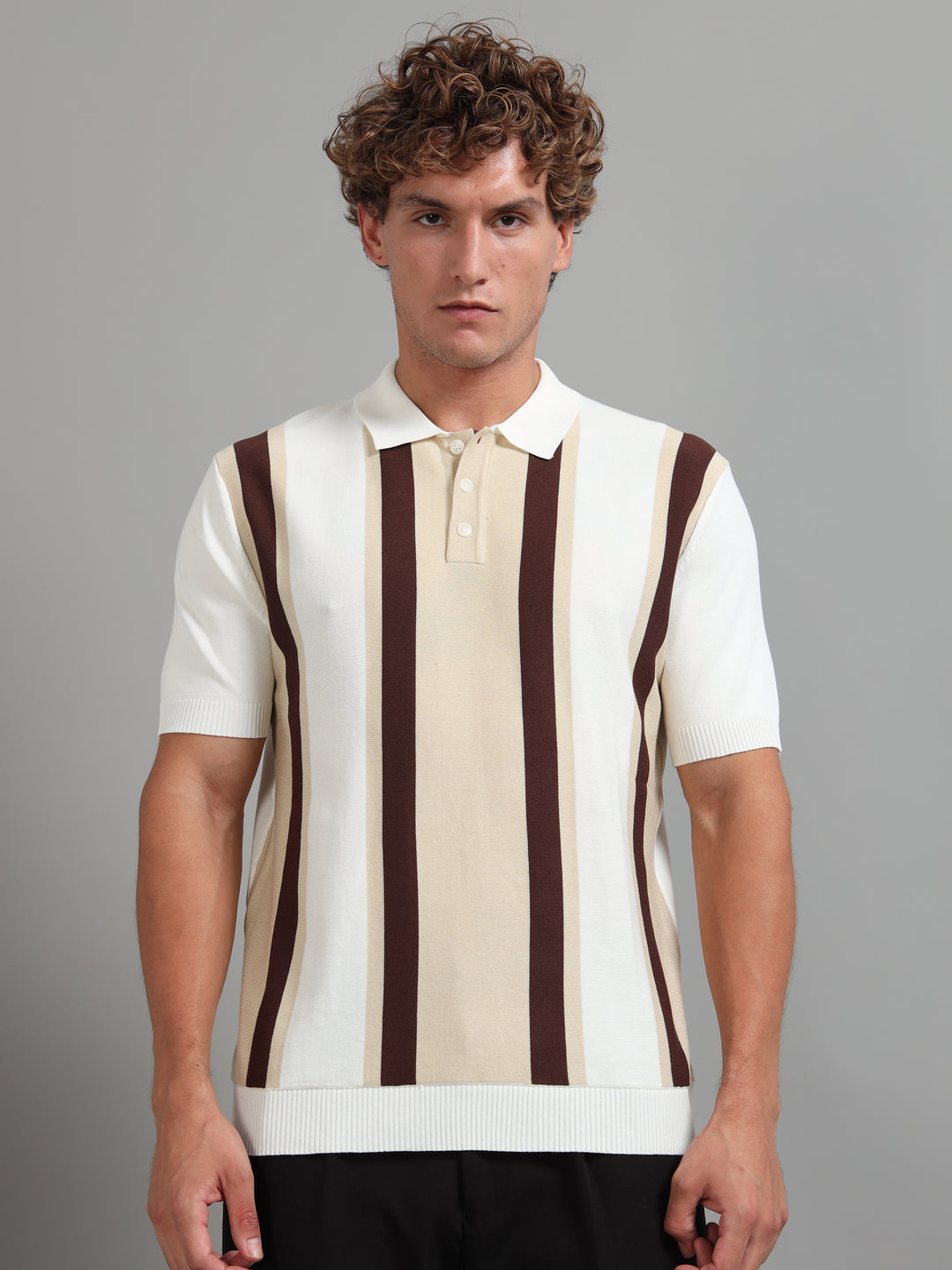 Knitted Polo T-Shirt with Wide Vertical Stripes -Beige