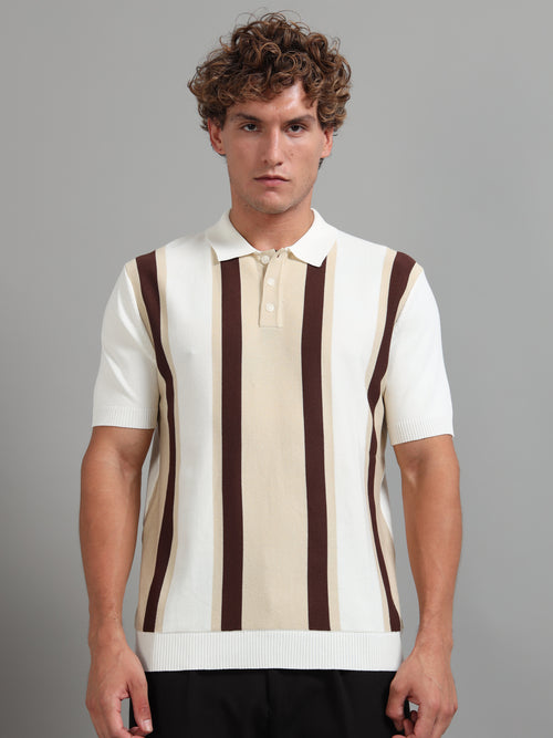 Knitted Polo T-Shirt with Wide Vertical Stripes -Beige