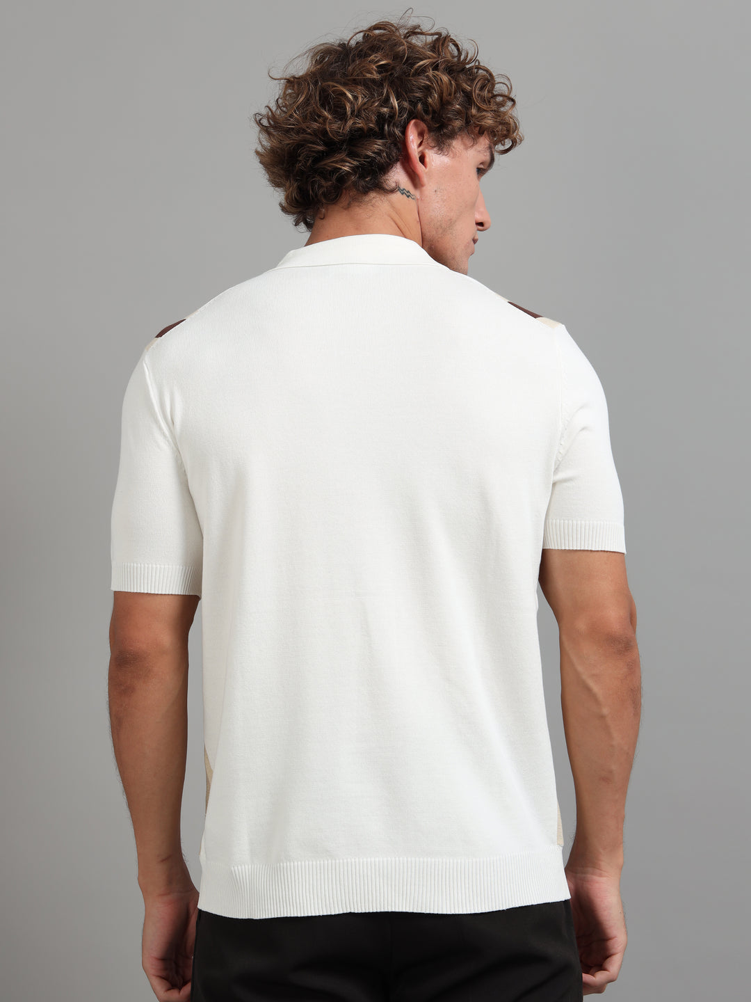 Knitted Polo T-Shirt with Wide Vertical Stripes -Beige