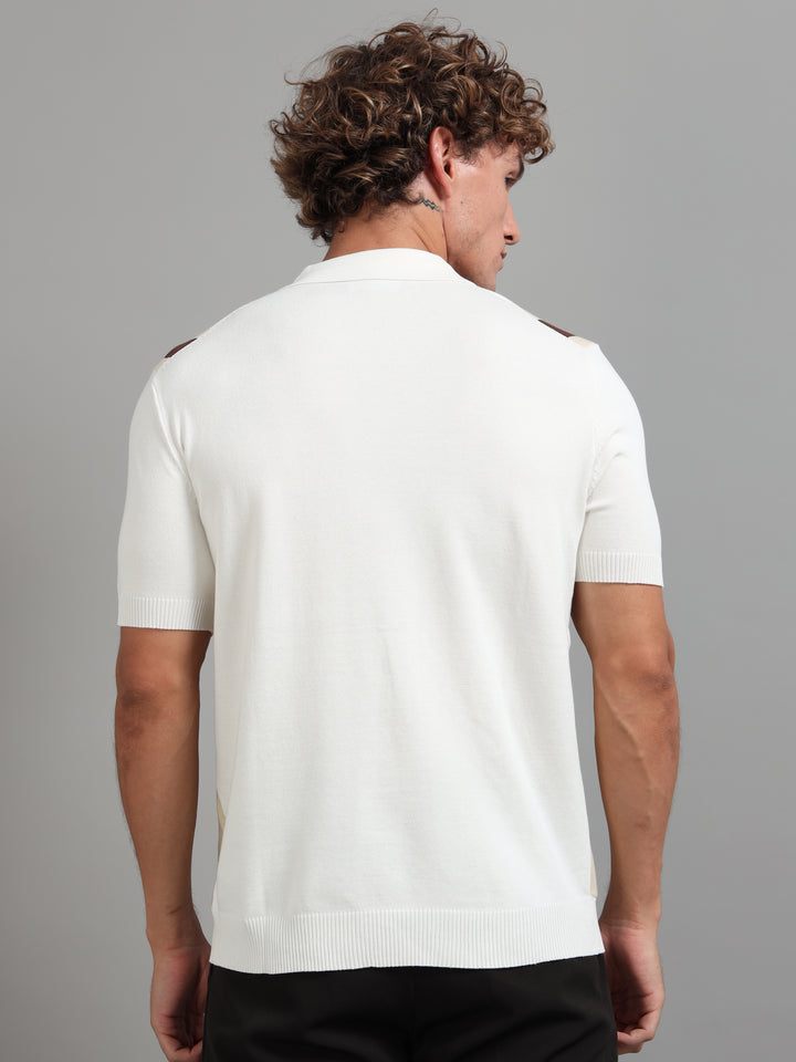 Knitted Polo T-Shirt with Wide Vertical Stripes -Beige