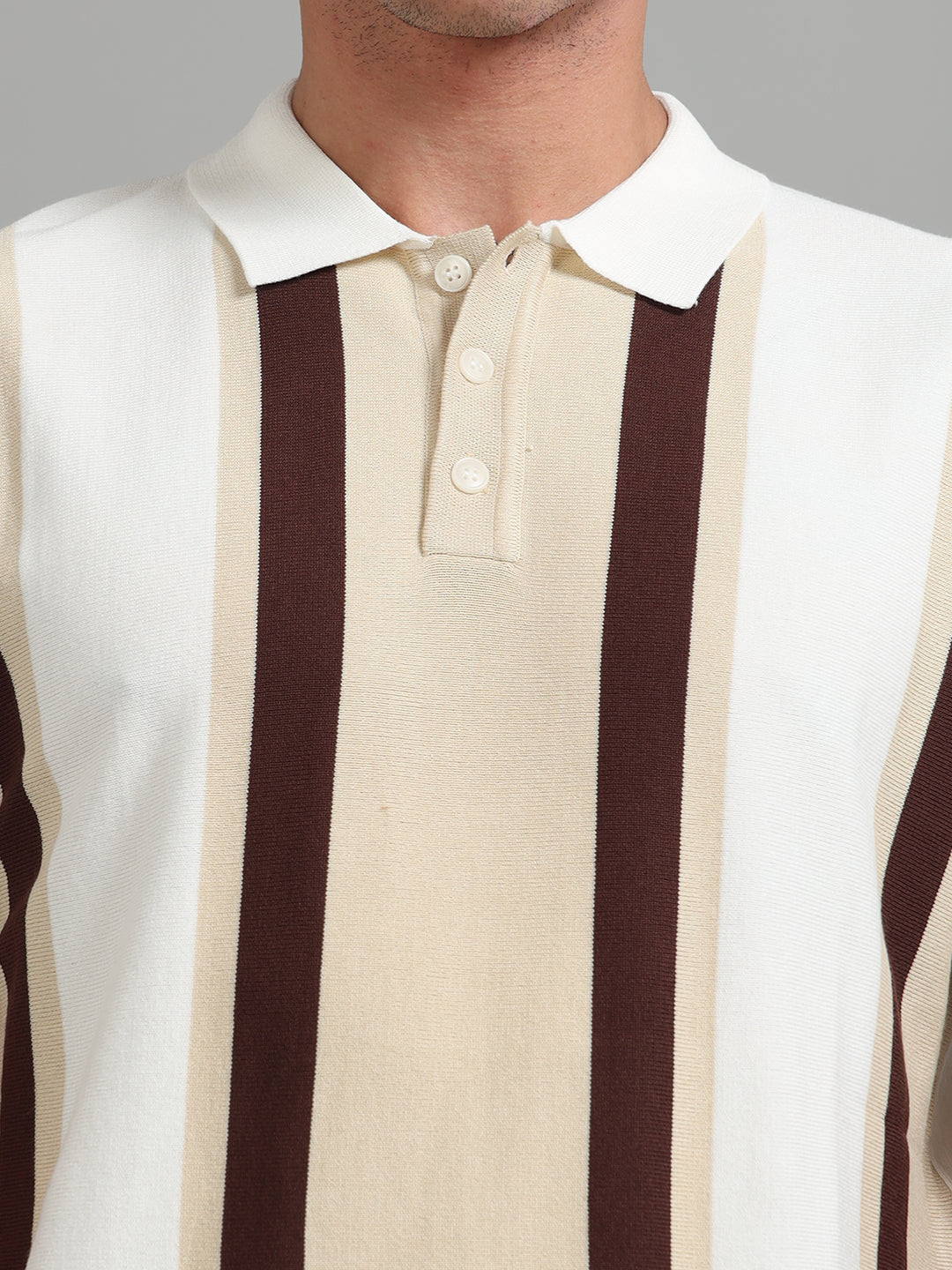 Knitted Polo T-Shirt with Wide Vertical Stripes -Beige
