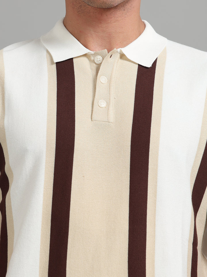Knitted Polo T-Shirt with Wide Vertical Stripes -Beige