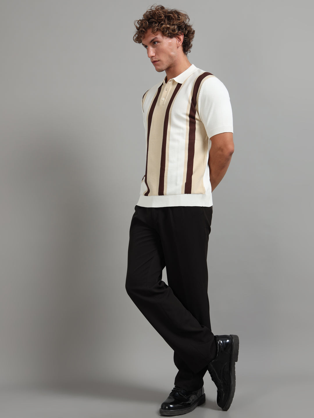 Knitted Polo T-Shirt with Wide Vertical Stripes -Beige