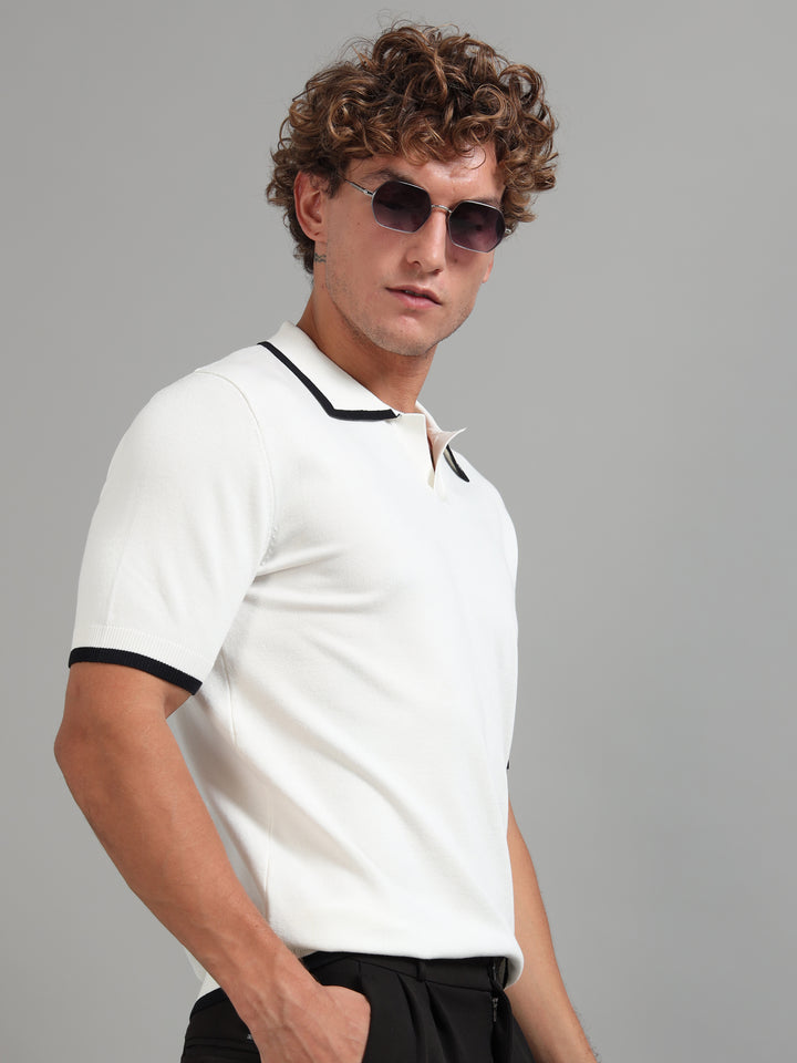 Men's Knitted Polo T Shirt - Beige