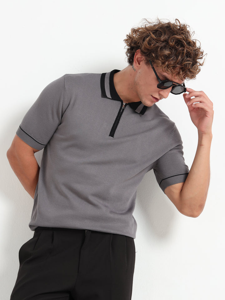 Premium Knitted Polo T-Shirt - Gray