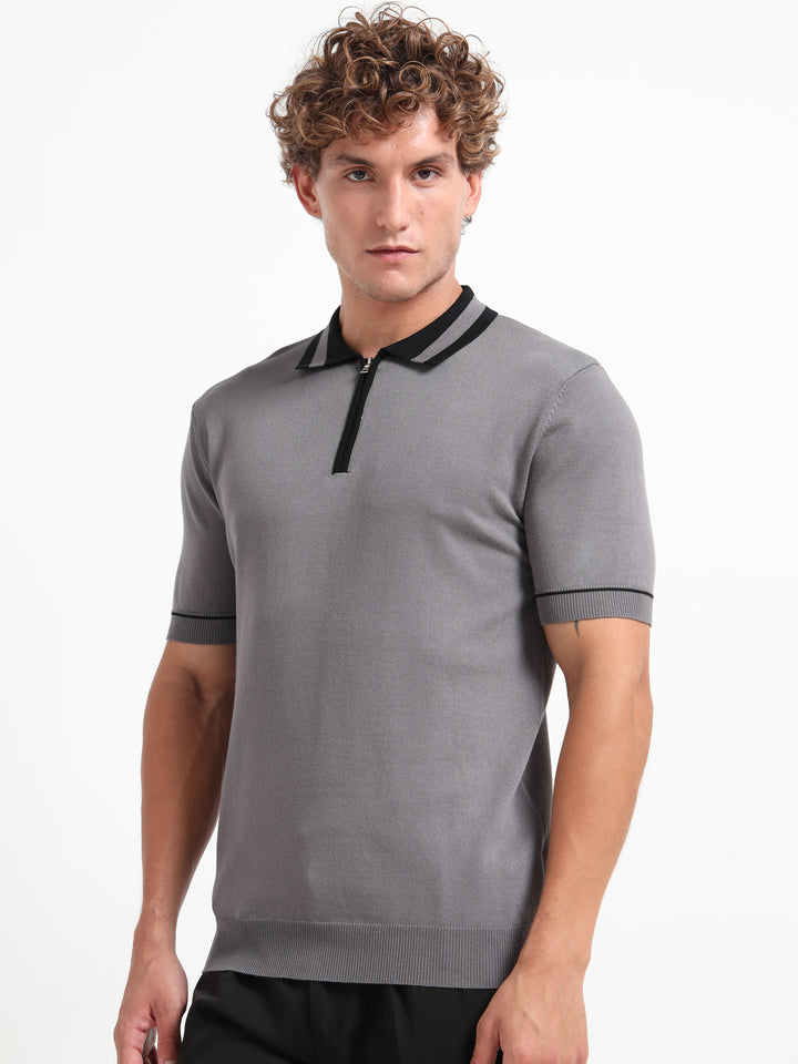 Premium Knitted Polo T-Shirt - Gray