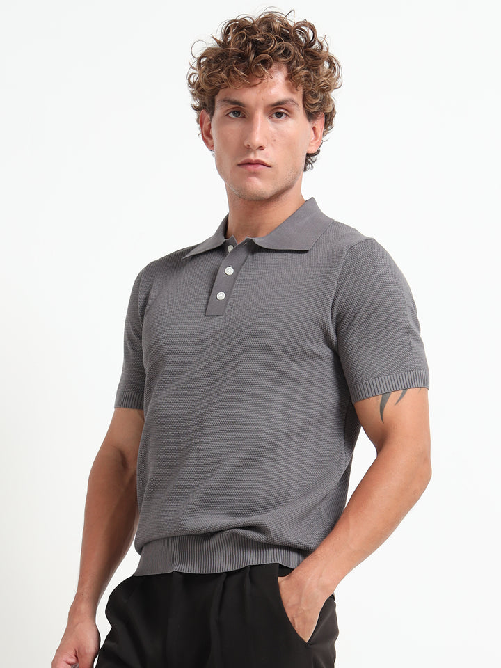 Classic Textured Knitted Polo T-Shirt – Gray