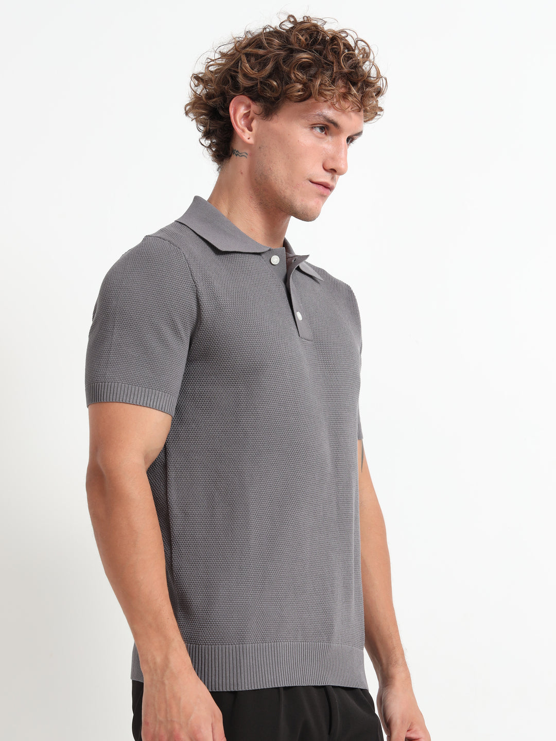 Classic Textured Knitted Polo T-Shirt – Gray