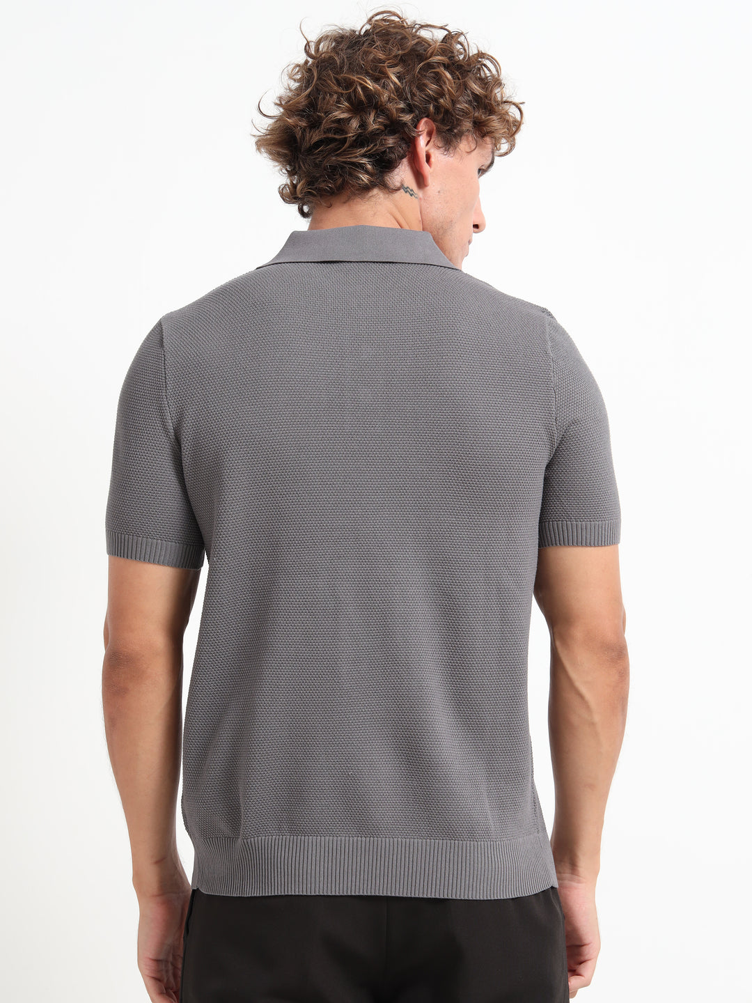 Classic Textured Knitted Polo T-Shirt – Gray