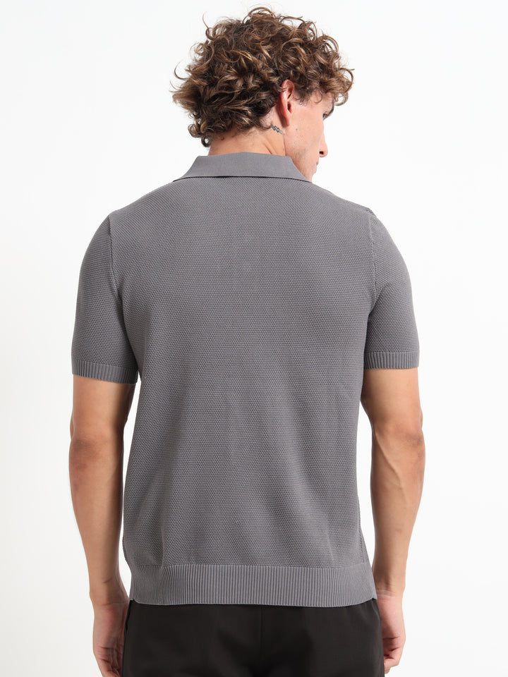 Classic Textured Knitted Polo T-Shirt – Gray