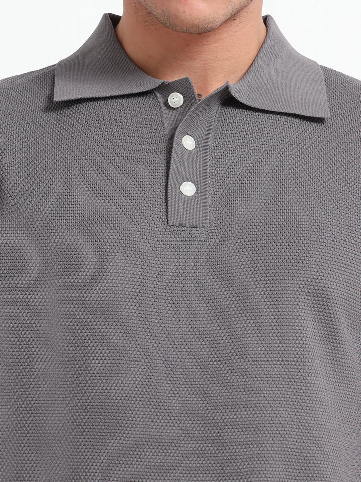 Classic Textured Knitted Polo T-Shirt – Gray