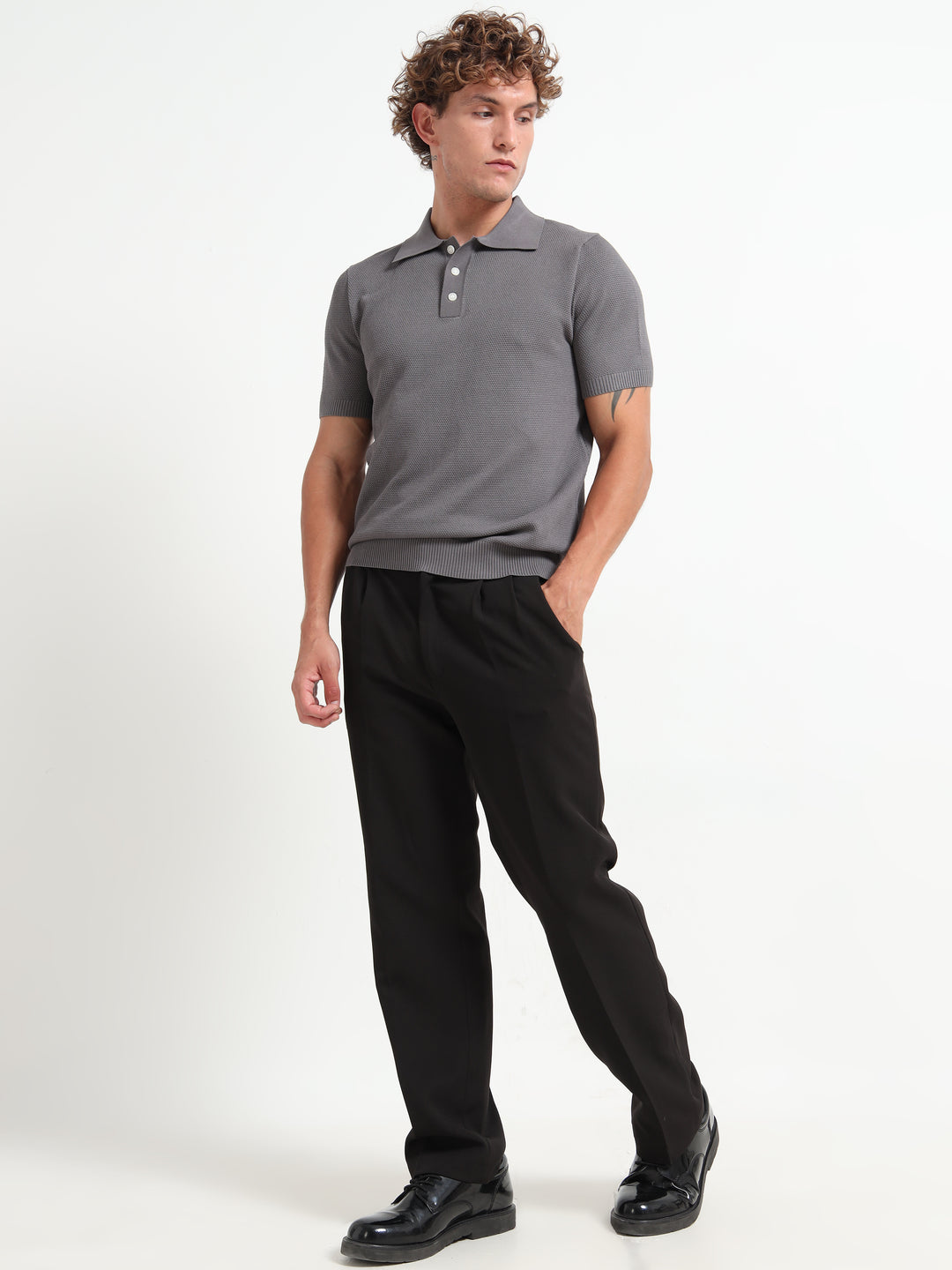 Classic Textured Knitted Polo T-Shirt – Gray