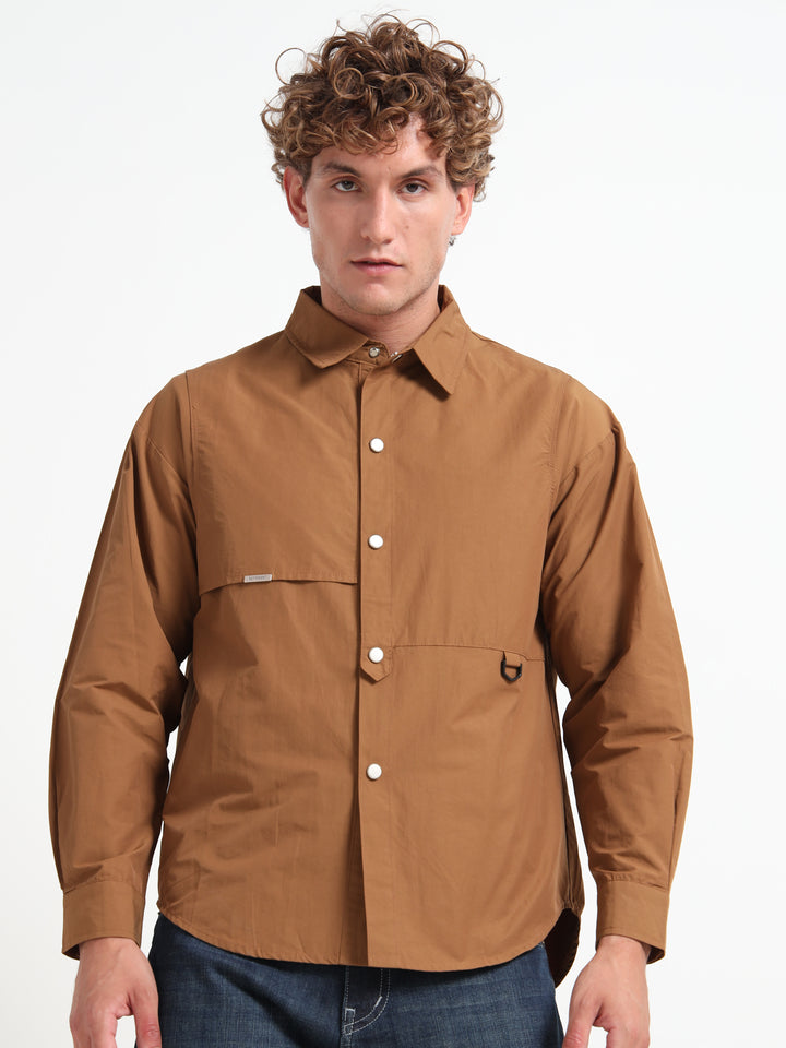 Lightweight Long Sleeve Snap-Front Overshirt – Brown