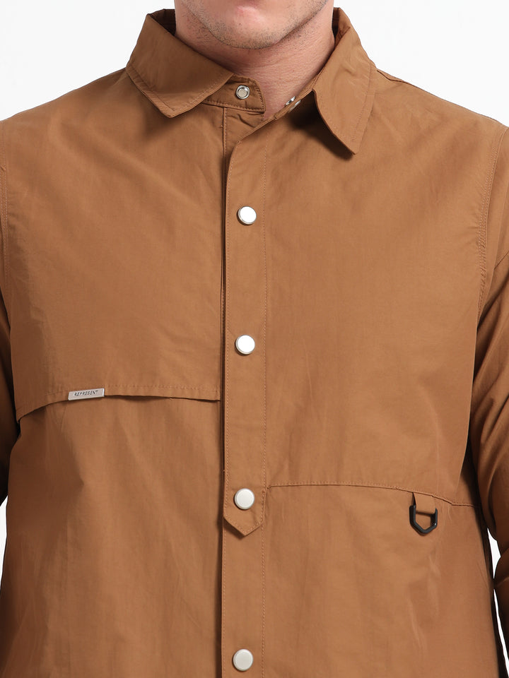 Lightweight Long Sleeve Snap-Front Overshirt – Brown
