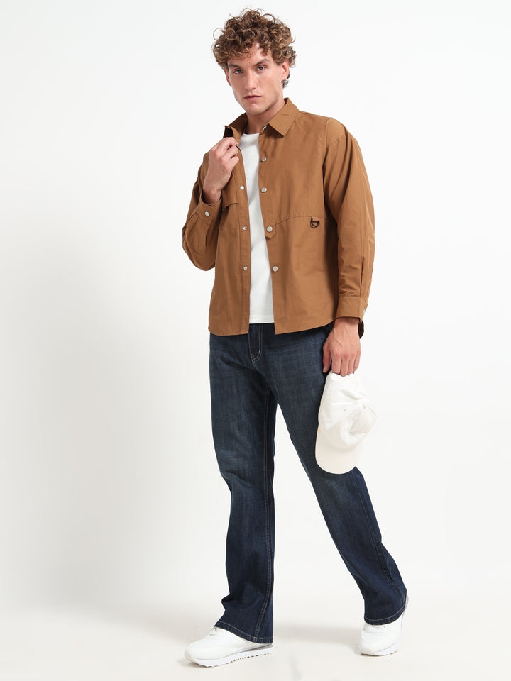 Lightweight Long Sleeve Snap-Front Overshirt – Brown