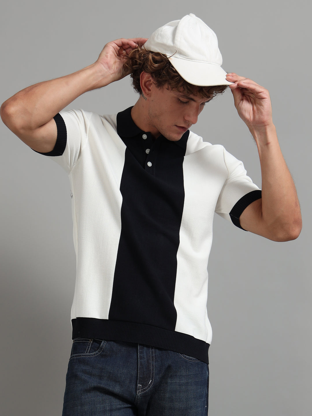 Men's Knitted Polo T Shirt - Blue and White