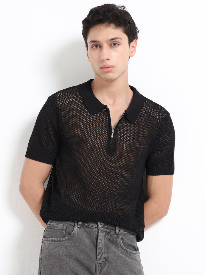Premium Breathable Knitted Mesh Polo - Black