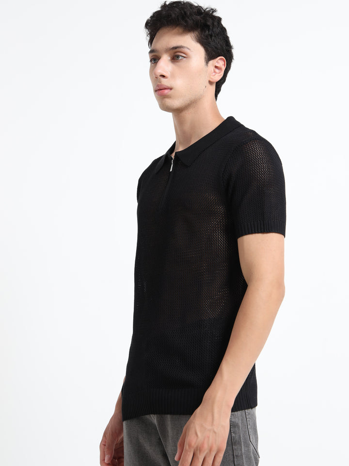 Premium Breathable Knitted Mesh Polo - Black