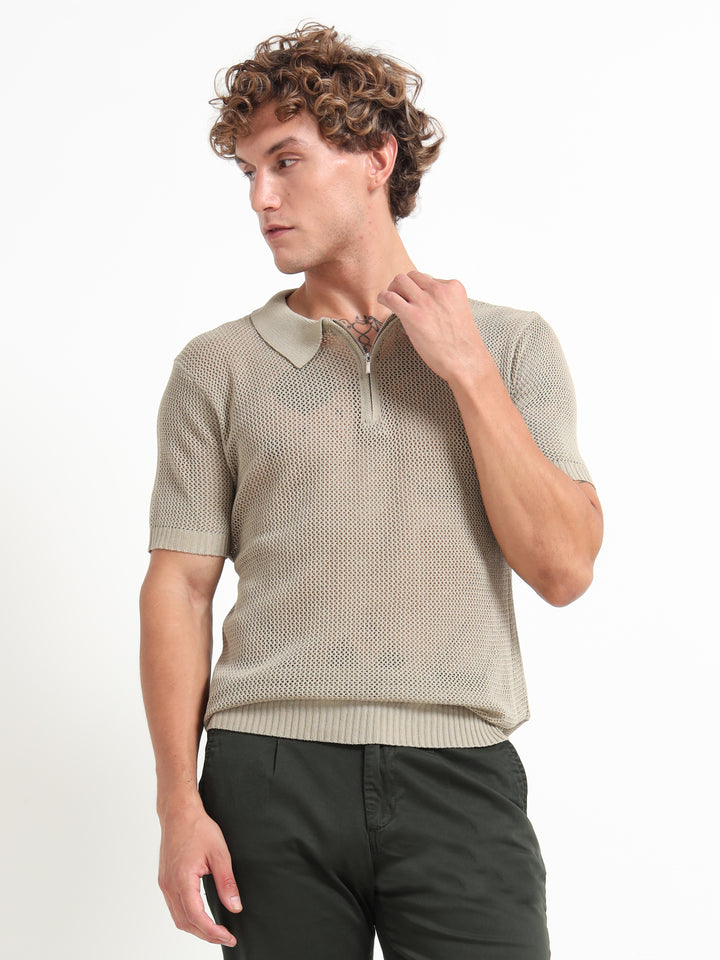Premium Breathable Knitted Mesh Polo - Camel