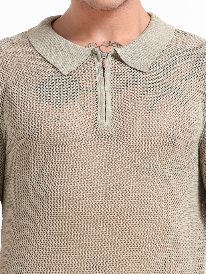 Premium Breathable Knitted Mesh Polo - Camel