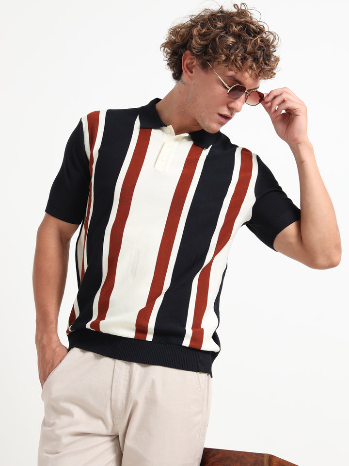 Knitted Polo T-Shirt with Wide Vertical Stripes -Black