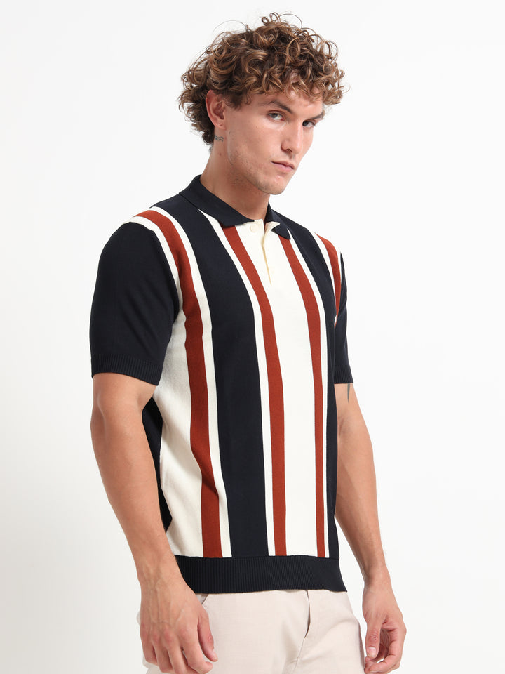 Knitted Polo T-Shirt with Wide Vertical Stripes -Black