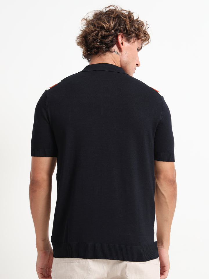 Knitted Polo T-Shirt with Wide Vertical Stripes -Black