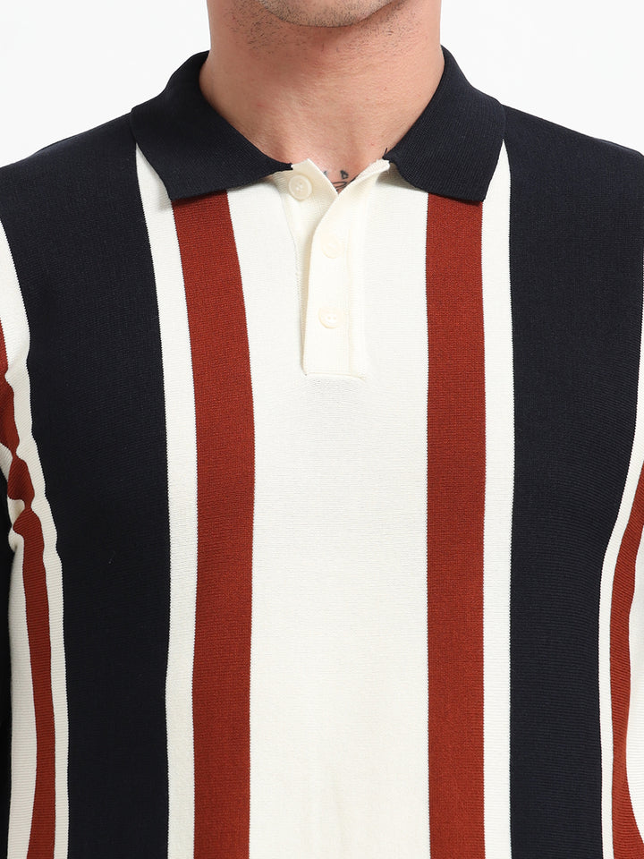 Knitted Polo T-Shirt with Wide Vertical Stripes -Black