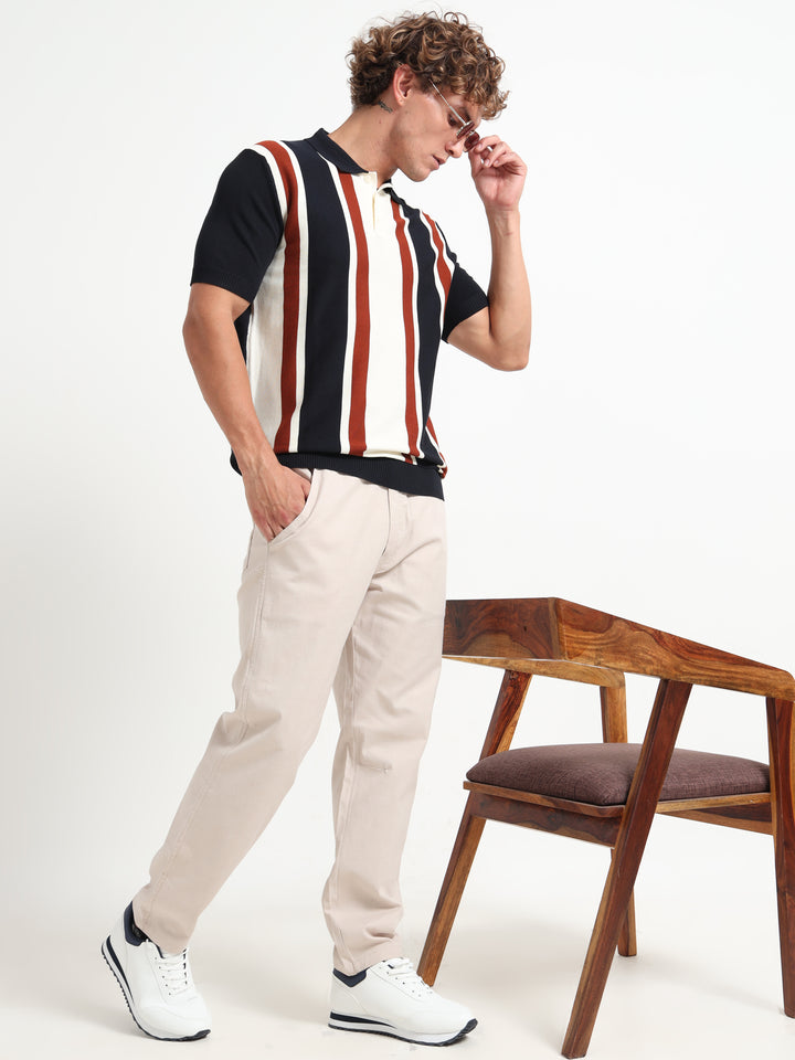 Knitted Polo T-Shirt with Wide Vertical Stripes -Black