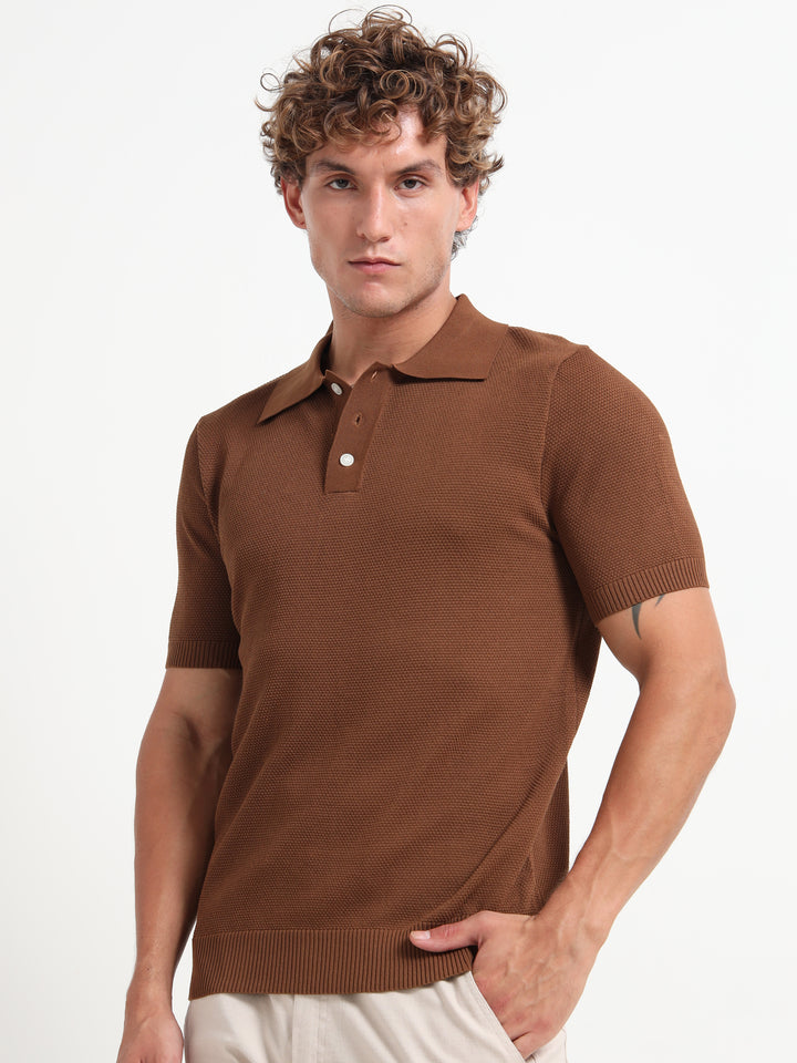 Classic Textured Knitted Polo T-Shirt – Coffee
