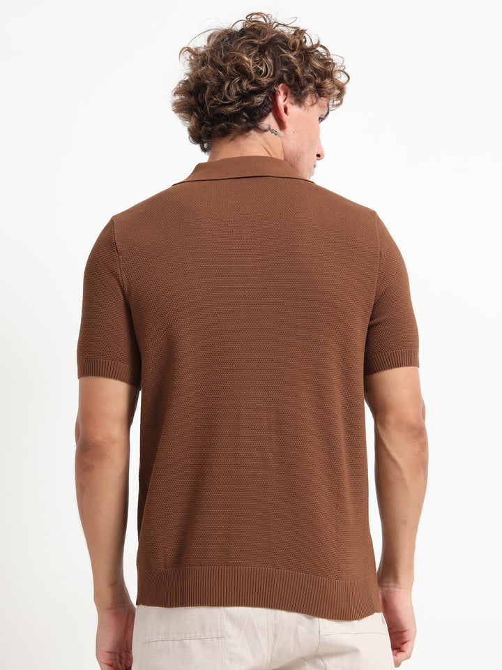 Classic Textured Knitted Polo T-Shirt – Coffee