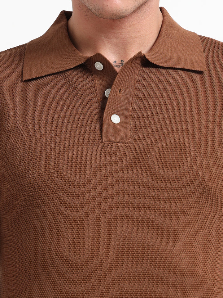 Classic Textured Knitted Polo T-Shirt – Coffee