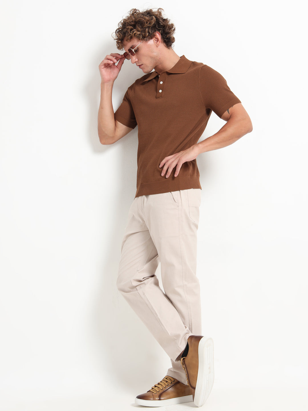 Classic Textured Knitted Polo T-Shirt – Coffee