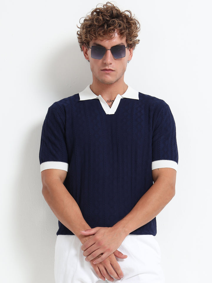 Men's Knitted Polo T Shirt - Blue
