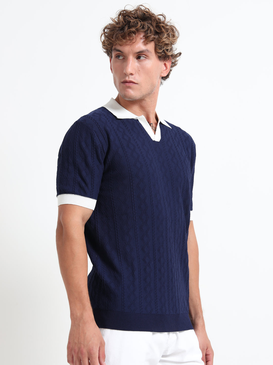 Men's Knitted Polo T Shirt - Blue