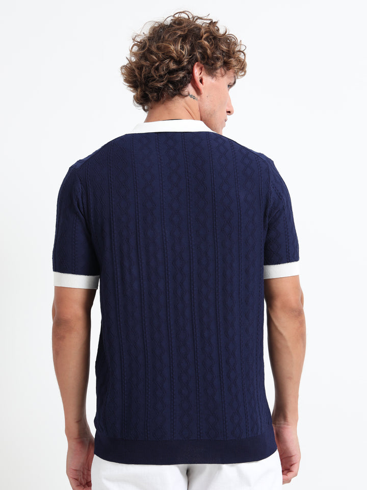 Men's Knitted Polo T Shirt - Blue